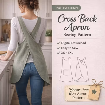 Cross Back Apron Sewing Pattern, Japanese Pinafore Apron, Artist & Kitchen Apron DIY, Pottery Apron, Plus Size Linen Apron Pattern For Women