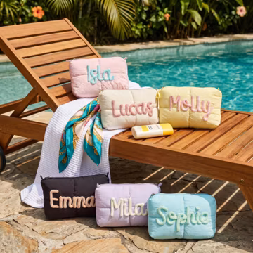 Personalized Quilted Makeup Bag, Custom Chenille Name Pouch, Puffy Cosmetic Case, Sunscreen Organizer, Pool Party Favor
