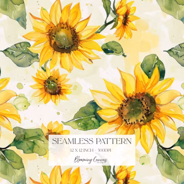 Watercolour Sunflower Seamless Pattern, Yellow Floral Repeat, Rustic Summer Fabric Print, Bright Digital Paper, Scrapbook & Journal Craft