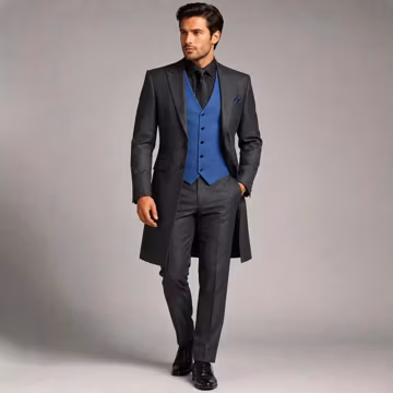Charcoal Grey Wedding Suit for Men, Steel Blue Vest Suit, Modern Groom Long Coat, Luxury Formal Wedding Suit, Custom Tailored