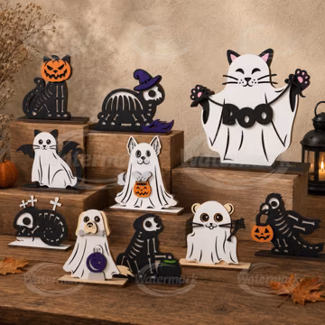 Halloween Pets Stand Decors Bundle Laser Cut, Halloween Animal SVG, Ghost Cat Dog SVG, Wooden Shelf Sitter, Cricut Glowforge Files