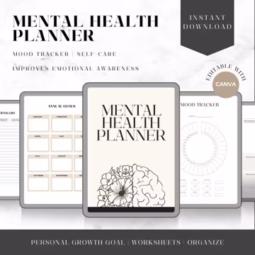 Mental Health Planner Printable PDF | Anxiety Journal | Self Care Planner | CBT Workbook | Wellness Planner | Therapy Journal | White