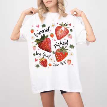 Comfort Colors Hand Picked By God Shirt, Christian Bible Verse Strawberry Coquette Bow Tee