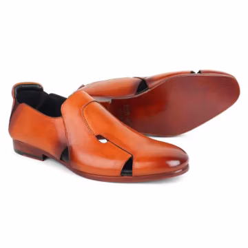 Cognac tan leather slip on loafers for men, cutout dress shoes, lightweight