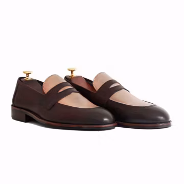 men’s handmade loafers, brown leather, two-tone vamp, round toe, formal slip-ons
