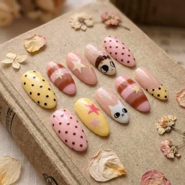 Kawaii Polka Dot Press On Nails, Pastel Cat Cartoon Fake Nails, Cute Handmade Gel Set