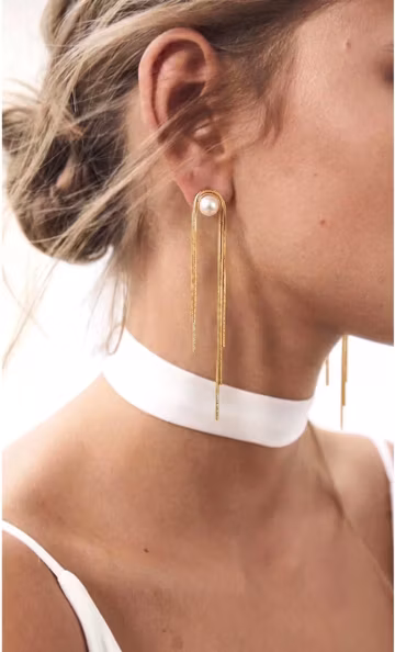 Pearl Drop Earrings Gold with Snake Chain Dangle Tassel, Modern Bridal Threader Earrings, Minimalist Statement Earrings Gift