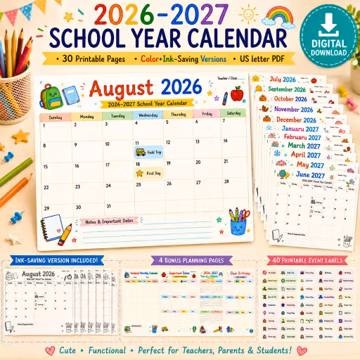 Kids 2026-2027 School Year Calendar Printable Classroom Teacher Planner Homeschool Daycare Monthly Instant Download PDF