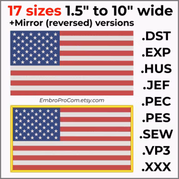 American Flag Embroidery Design, With & Without Border, pes dst jef hus vp3, USA Patriotic