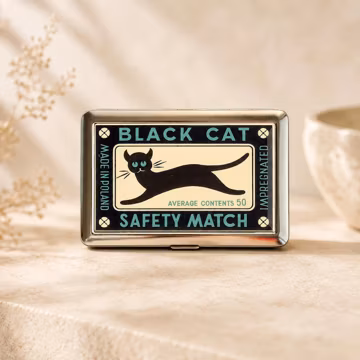 Black Cat Metal Card Holder, Vintage Matchbox Label Business Card Case, Slim Pocket Wallet, Retro Feline Gift, Gothic Desk Accessory for Men