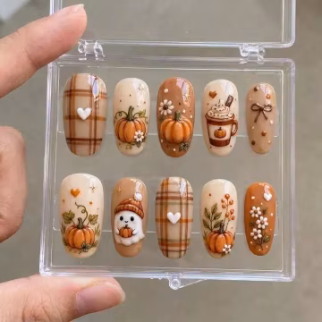 Cozy Fall Press On Nails, Pumpkin Fake Nails,Thanksgiving Nail Art