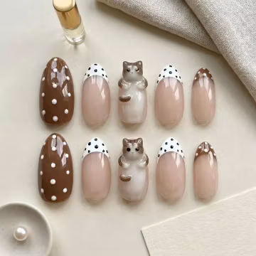 Hand Painted Cat Press On Nails, Brown Polka Dot French Tip Almond, 3D Kawaii Custom Fake Nails