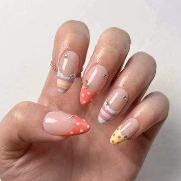 Hand Painted Pastel French Tip Press On Nails, Polka Dot Stripe Set, Custom Fake Nails with Rhinestones