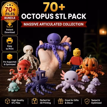 70+ Octopus STL Pack, Flexi Octopus 3D Printer Files Bundle, Articulated Sea Animal Keychain Models, Digital Download