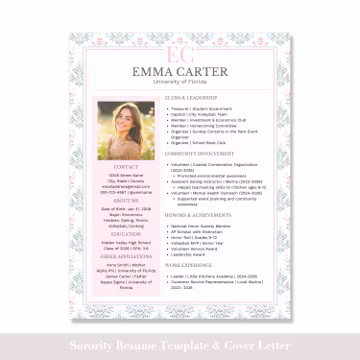 Sorority Resume Template with Photo, Editable Resume and Cover Letter for Sorority Recruitment, Rush Resume Template, Feminine Floral