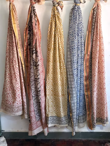 Set of 5 Cotton Hand Block Print Sarongs with Silk Jari Border