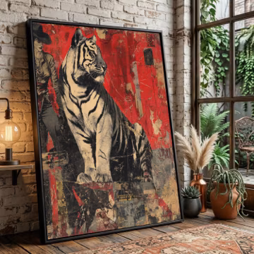 Majestic Bengal Tiger Canvas Art, Vintage Animal Portrait, Bold Abstract Wildlife Home Decoration