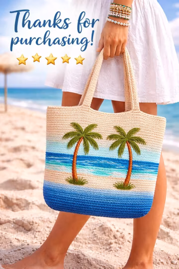 Crochet Beach Tote Bag Pattern, Tropical Palm Tree Summer Boho Design (PDF)
