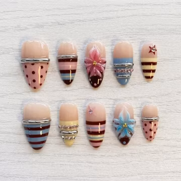 3D Flower Press On Nails, Y2K Stripe Polka Dot & Rhinestone Ring Fake Nails