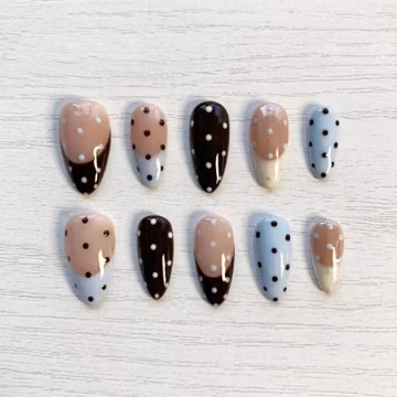 Baby Blue Polka Dot Press On Nails, Kawaii Pastel Blue French Tip Nail Art
