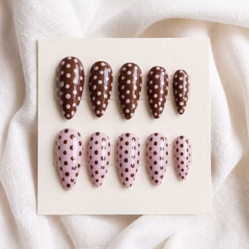 Brown & Pink Polka Dot Press On Nails, Glossy Minimalist Coquette Nail Art
