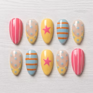 Colorful Star Polka Dot Press On Nails, Y2K Kawaii Handmade Stripe Nail Art