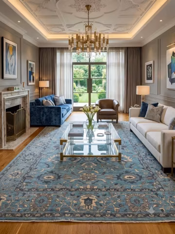 Hand Knotted Oushak Rug, Blue Floral Area Rug, Traditional Wool Carpet for Living Room, Vintage Style Soft Rug | TheRugsCreation