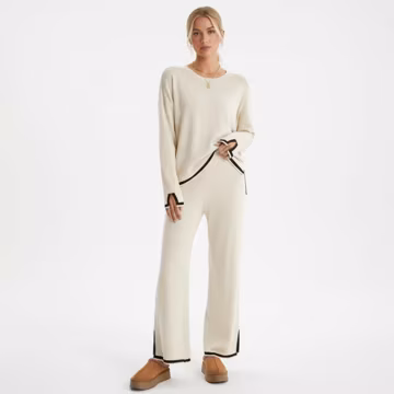 Pure Wool Knit Lounge Set Women Luxury Cozy Sweater and Wide Leg Pants Two Piece Autumn Winter Loungewear Premium Soft Warm Outfit Gift Her