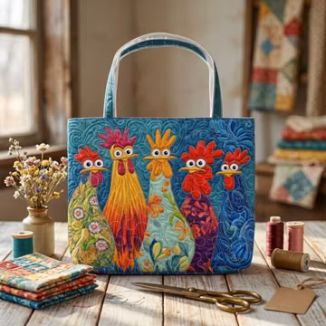 Colorful Chicken Quilt Tote Bag, Funny Rooster Shoulder Bag, Farmhouse Quilted Handbag, Hen Lover Gift, Farm Animal Tote