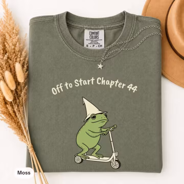 Comfort Colors® 44th Birthday Shirt Frog on Scooter, Off to Start Chapter 44, Funny Retro Cotton Tee, Frog Lover 44th Birthday Gift