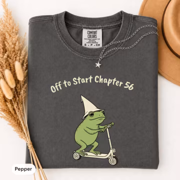 Comfort Colors® 56th Birthday Shirt Frog on Scooter, Off to Start Chapter 56, Funny Retro Cotton Tee, Frog Lover 56th Birthday Gift