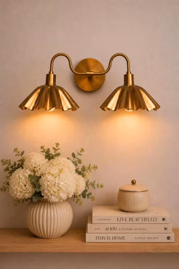 Vintage Double Arm Brass Wall Sconce: Mid Century Modern Light Fixture