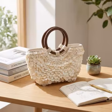 Embroidered Shell Half Moon Tote Bag – Artisan Crossbody Wedding Party Accessory