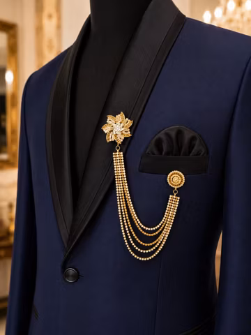 Luxury Deep Plum Men's Tuxedo Blazer with Gold Crystal Chain Brooch