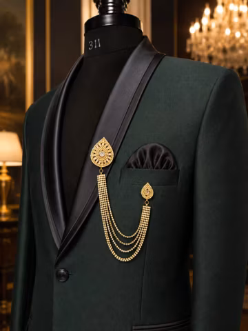 Dark Emerald Green Men's Suit Brooch, Gold Layered Chain Lapel Pin,