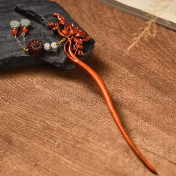 Hand Carved purple Sandalwood Lotus Hair Pin with Jade Tassel