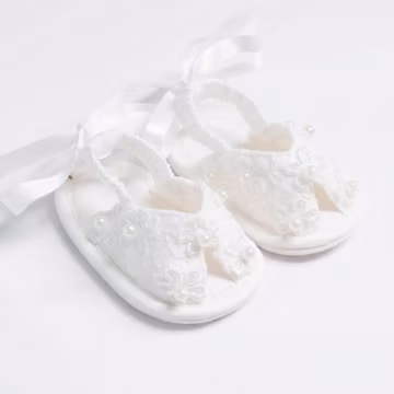 Handmade Lace Baby Sandals, Pearl Flower Christening Shoes