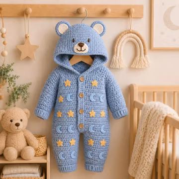 Crochet Baby Bear Romper Pattern PDF | Stars Moons Hooded Onesie | Newborn 0-12M | Amigurumi Baby Outfit | Instant Download Crochet Pattern