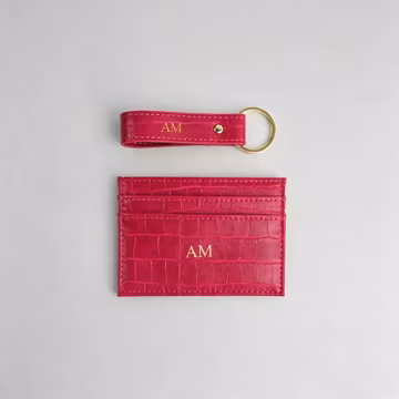 Custom Pink Croc Initial Card Holder Keychain, Personalized Monogram Leather Wallet, Bridesmaid Gift, Engraved Key Fob