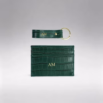 Personalized Green Crocodile Embossed Initial Card Holder & Keychain Set, Custom Monogram Leather Wallet, Engraved Gift for Her Him