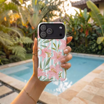 Pink Lily Floral iPhone Case: Tropical Stripe Botanical Design