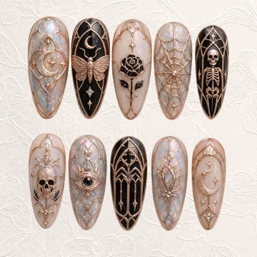 Gothic Stained Glass 3D Nails, Black Rose Gold Press On Nails, Skull Spider Web Fake Nails, Celestial Halloween Gift, Handmade Nails