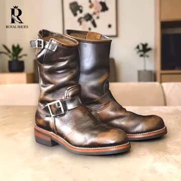 Handmade men antique brown leather combat boots, formal motorcycle biker boots