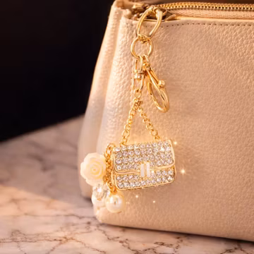 Pearl Mini Bag Charm Keychain, Rhinestone Purse Pendant, Elegant Handbag Accessory, Luxury Keyring, Gift for Her