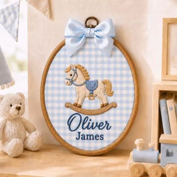 Personalized Baby Name Sign, Embroidered Baby Name Hoop, Nursery Wall Decor, Baby Room Decor, Baby Shower Gift, Rocking Horse Nursery