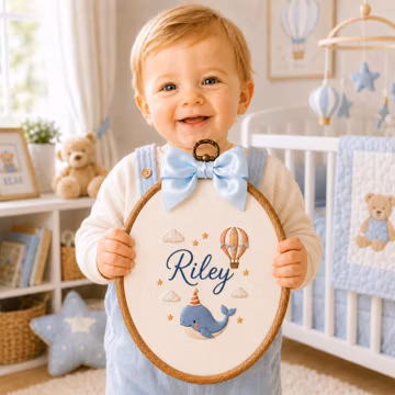 Personalized Baby Name Sign, Embroidered Whale & Balloon Baby Name Hoop, Nursery Wall Decor, Baby Boys Room Decor, Baby Shower Gift