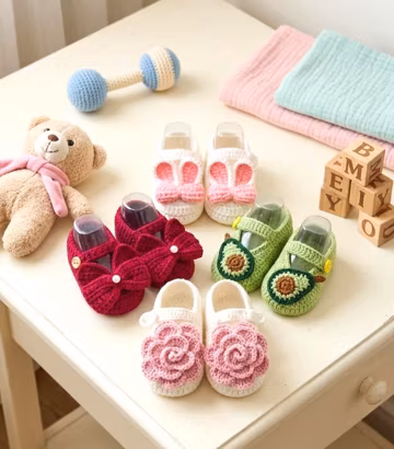 Handmade Crochet Baby Booties, Avocado, Bunny, Flower Designs, Milk Cotton Newborn Shoes