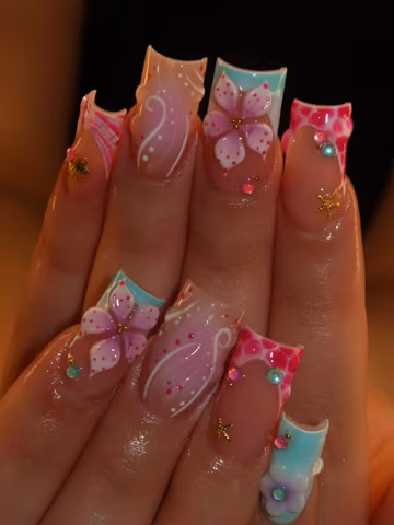 Tropical Y2K Press On Nails With 3D Flower And Animal Print | Long Square Fake Nails | Vibrant Handmade Nail Art For Summer And Beach