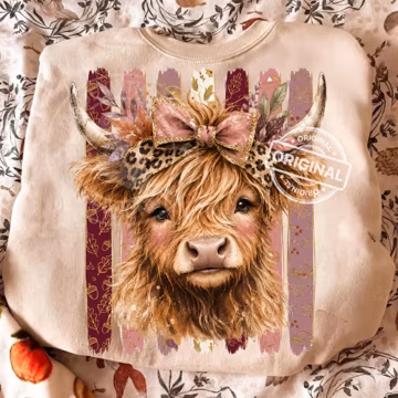 Highland Cow Fall PNG, Pink Bow Autumn Sublimation Design, Floral Farmhouse Shirt Graphic Download