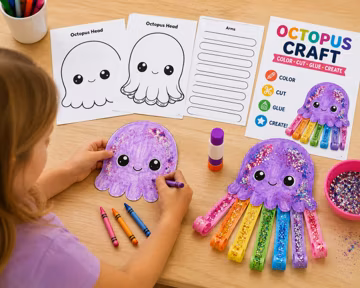 Octopus Craft Printable, Ocean Animal Cut and Paste Activity (PDF Download)